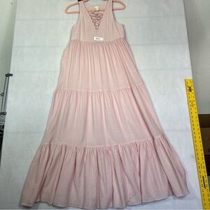 H&M LIGHT PINK LACE-UP TEXTURED TIERED FLOUNCY MAXI DRESS SIZE:2
